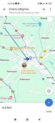Mapa z zaznaczoną trasą pomiaru odległości, pokazującą odległość 6,3 km