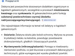 Zrzut ekranu z tekstem po polsku o roli żelatyny w kąpielach galwanicznych.