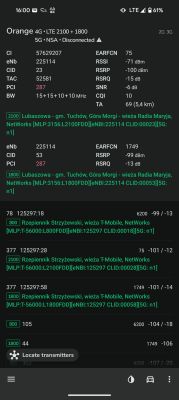 Zrzut ekranu z aplikacji analizującej sygnał LTE i 5G dla operatora Orange i T-Mobile