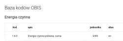 Tabela z kodem OBIS 1.8.0 dotyczącym energii czynnej.