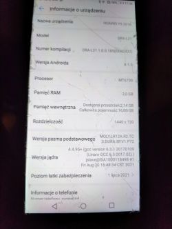 Ekran telefonu Huawei Dra-L21 z informacjami o urządzeniu.