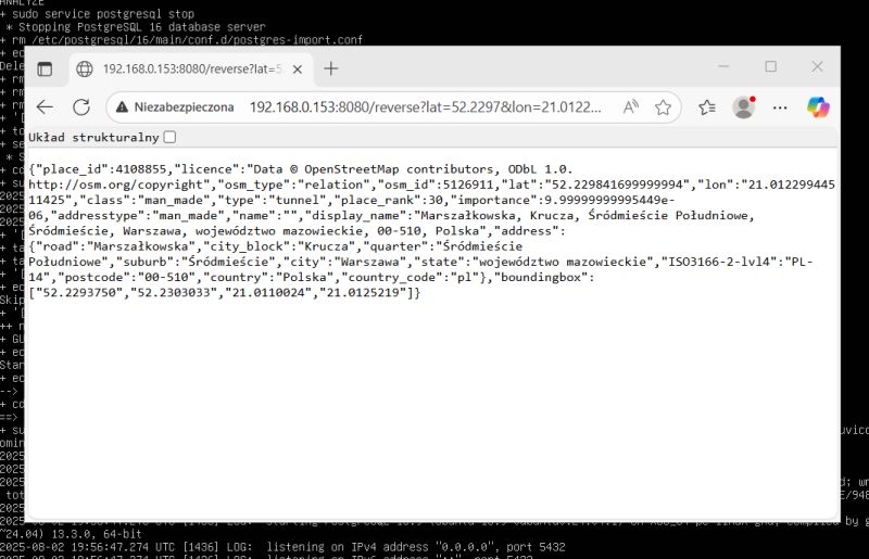 Map File Import into Nominatim Docker Container Screenshot of a Linux terminal running a Docker command to import a map file into a Nominatim container.