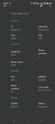 Zrzut ekranu z aplikacji sieciowej NM pokazujący parametry sieci 5G NSA i LTE Orange PL