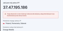 Zrzut ekranu z serwisu pokazującego adres IP użytkownika oraz lokalizację i dostawcę internetu.