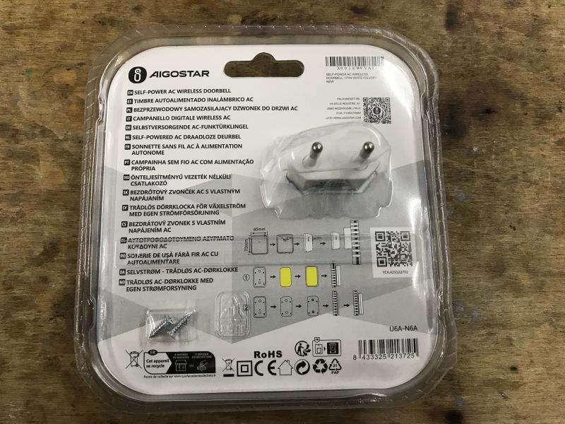 Aigostar Wireless Doorbell Packaging Packaging of Aigostar self-powered wireless doorbell