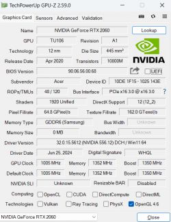 Zrzut ekranu programu GPU-Z z informacjami o karcie graficznej NVIDIA GeForce RTX 2060.