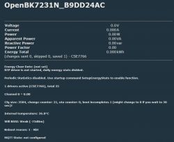 Measurement interface of OpenBK7231N system with energy values at zero.