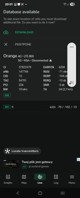 Pomiar sygnału Orange LTE 800 MHz w aplikacji Net Monster na smartfonie