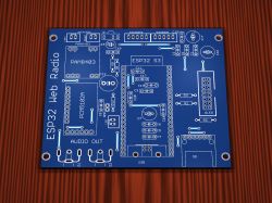 Blue ESP32 Web Radio PCB with labeled pads for modules, connectors, and components