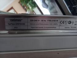 Tabliczka znamionowa zmywarki Zelmer ZZW7042SE z danymi technicznymi