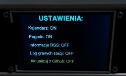 Settings menu on screen showing calendar, weather, RSS feed, log, and GitHub update options