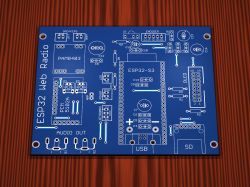 Render of a blue “ESP32 Web Radio” PCB labeled with USB, SD, OLED, encoder, and speaker connectors