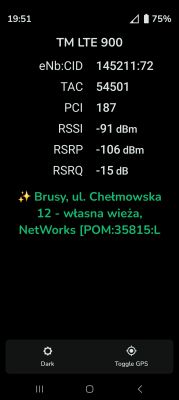 Zrzut ekranu z aplikacji diagnostycznej sieci komórkowej, pokazujący parametry LTE 900 oraz lokalizację stacji bazowej w Brusach na ul. Chełmowskiej 12.