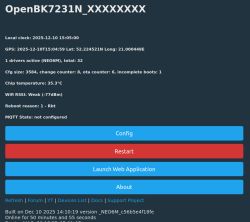 Device status panel OpenBK7231N with GPS data and WiFi signal strength shown