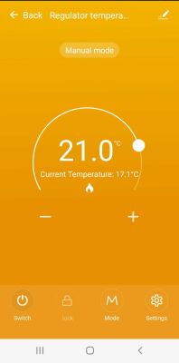 Tuya app interface showing 21°C set and 17.1°C current temperature in manual mode