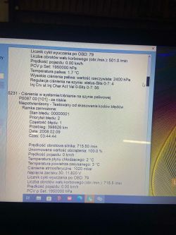 Ekran laptopa z wynikami diagnostyki samochodowej OBD, wyświetlający różne parametry silnika, w tym kody błędów.