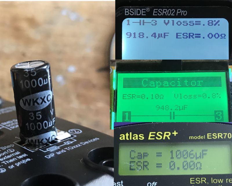 Comparison of Capacitor Measurement Results by Different Testers BSIDE ESR02 Pro component tester displaying capacitor measurement results.