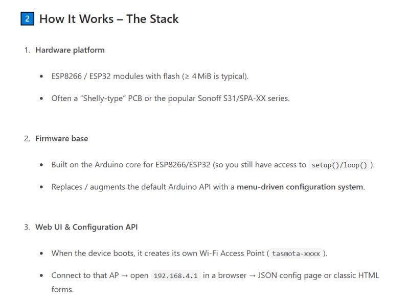 Tasmota stack diagram showing hardware, firmware, and web configuration interface