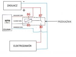 Schemat elektryczny z przekaźnikiem i elektrozaworem Schemat podłączenia zasilacza, czujnika pojemnościowego, przekaźnika i elektrozaworu.