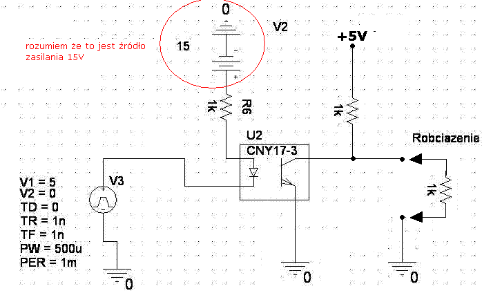 Transoptor – jak uzyskać wyjście 5V z wejściem 5V (katoda do sygnału), zasilanie 15V