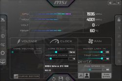 Zrzut ekranu programu MSI Afterburner pokazujący ustawienia karty graficznej.