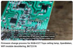 Close-up of a circuit board with a WiFi module being prepared for desoldering.