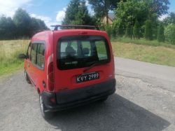 Red car, rear view, parked by the road with greenery in the background.