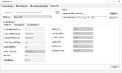 A configuration software window displaying system and microcontroller parameters.