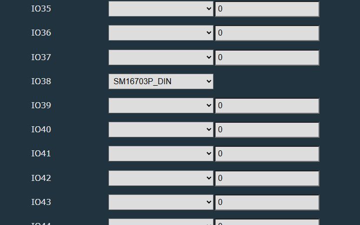 IO35–IO44 input/output configuration in user interface Configuration interface with dropdowns and value fields for IO35–IO44