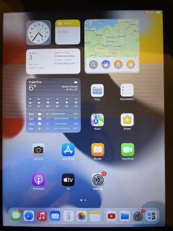 Ekran główny iPad Air 2 z szarym paskiem na ekranie.