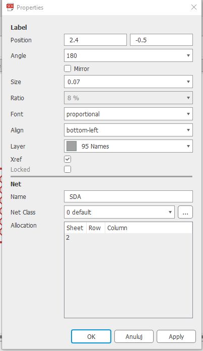 [EAGLE] Odwoływanie się do etykiety w innym arkuszu - SDA, Net Name