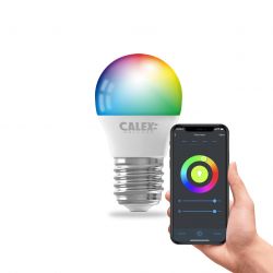 Calex Smart LED Bulb with Control App Calex smart LED bulb and a smartphone displaying its control app.