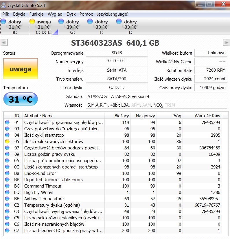 Prosba o sprawdzenie SMART dysku Seagate ST3640323AS
