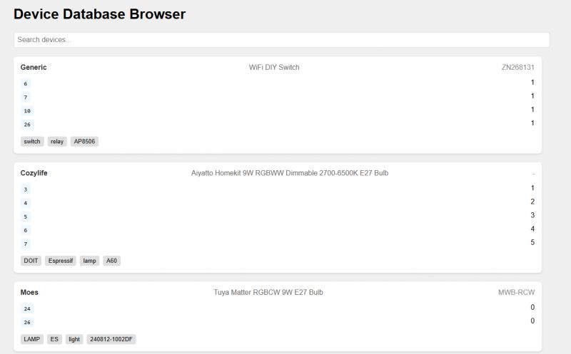 IoT Device Database Browser Interface Application interface displaying a list of IoT devices.