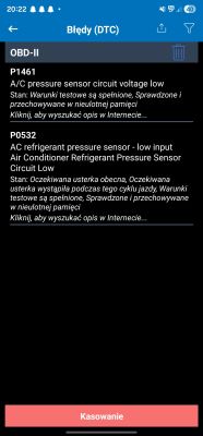 Zrzut ekranu aplikacji OBD-II z kodami P1461 i P0532 dotyczącymi czujnika ciśnienia klimatyzacji