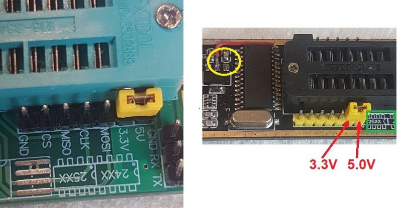 Zbliżenie na adapter do programatora z zaznaczonymi pinami.