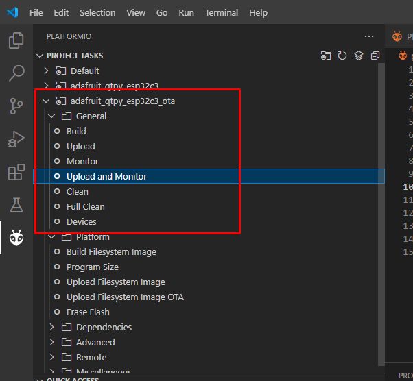 Tasks in PlatformIO in Visual Studio Code Screenshot of the PlatformIO interface in Visual Studio Code with highlighted Upload and Monitor tasks.