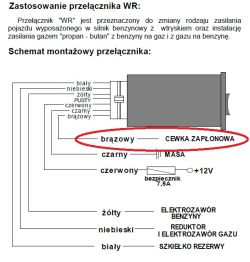 Schemat elektryczny przełącznika WR do zmiany zasilania paliwa z opisem podłączeń.