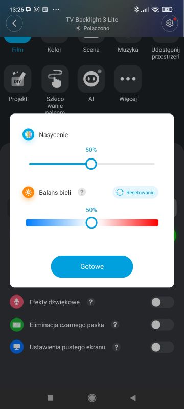Saturation and white balance settings in the Govee Home app