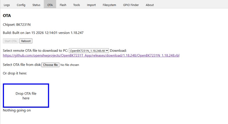 OTA interface with file selection, buttons, and firmware download link