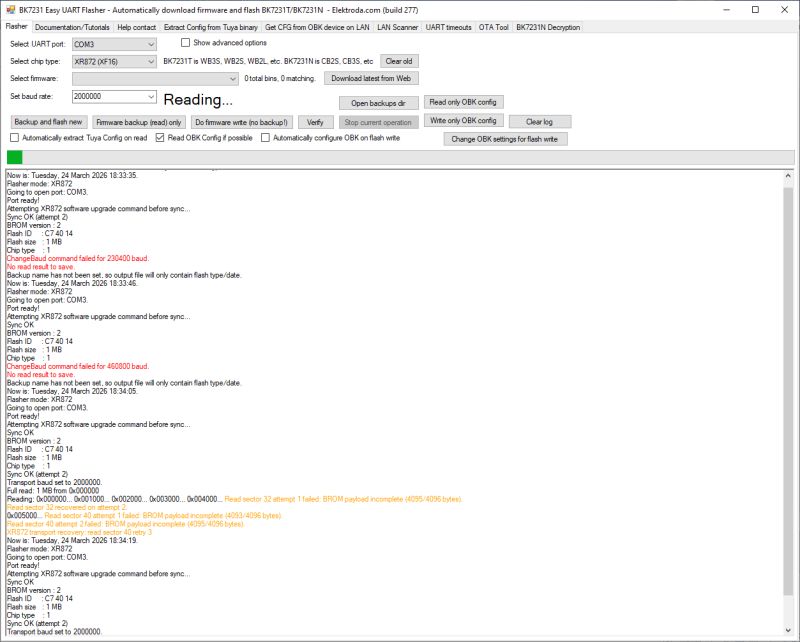 Screenshot of BK7231 Easy UART Flasher showing read log and baud rate change errors