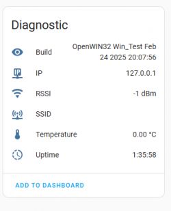 Device Diagnostic Panel Diagnostic panel displaying information about the device, including version, IP address, RSSI, SSID, temperature, and uptime.
