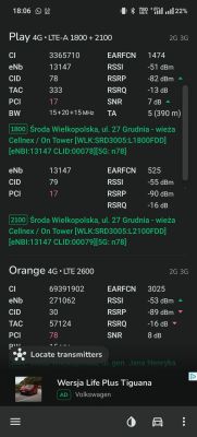 Zrzut ekranu z aplikacji diagnostycznej sieci komórkowej pokazujący parametry sygnału 4G dla sieci Play i Orange.