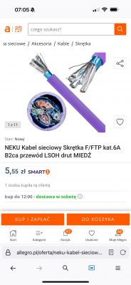 Zdjęcie kabla sieciowego NEKU Skrętka F/FTP kat. 6A z widocznym przekrojem.