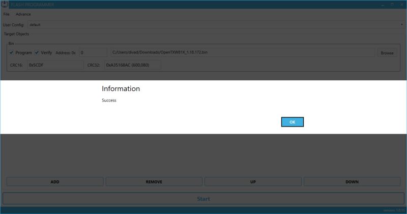 Information: Success message after successful firmware flashing