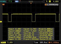 Square waveform at 1.99 kHz on oscilloscope screen Square waveform on oscilloscope with detailed signal parameters