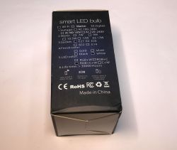 LED bulb packaging with technical specifications.