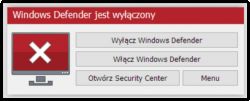 Komunikat informujący o wyłączeniu Windows Defender.