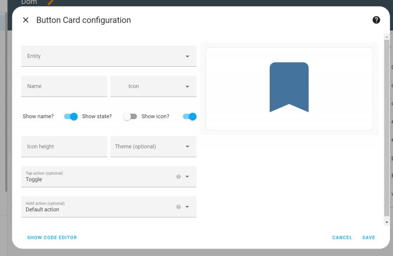 Button Card Configuration in Home Assistant Button card configuration in Home Assistant with open fields to fill in.