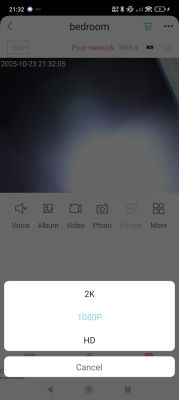 Camera app showing poor network warning and video resolution options Camera app interface with 1080P quality and Poor network warning